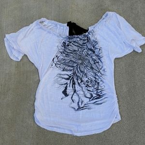 MARY JANE Blouse with Flower Graphic Sm/Med 100% Rayon Like New Tie Neck Rouched
